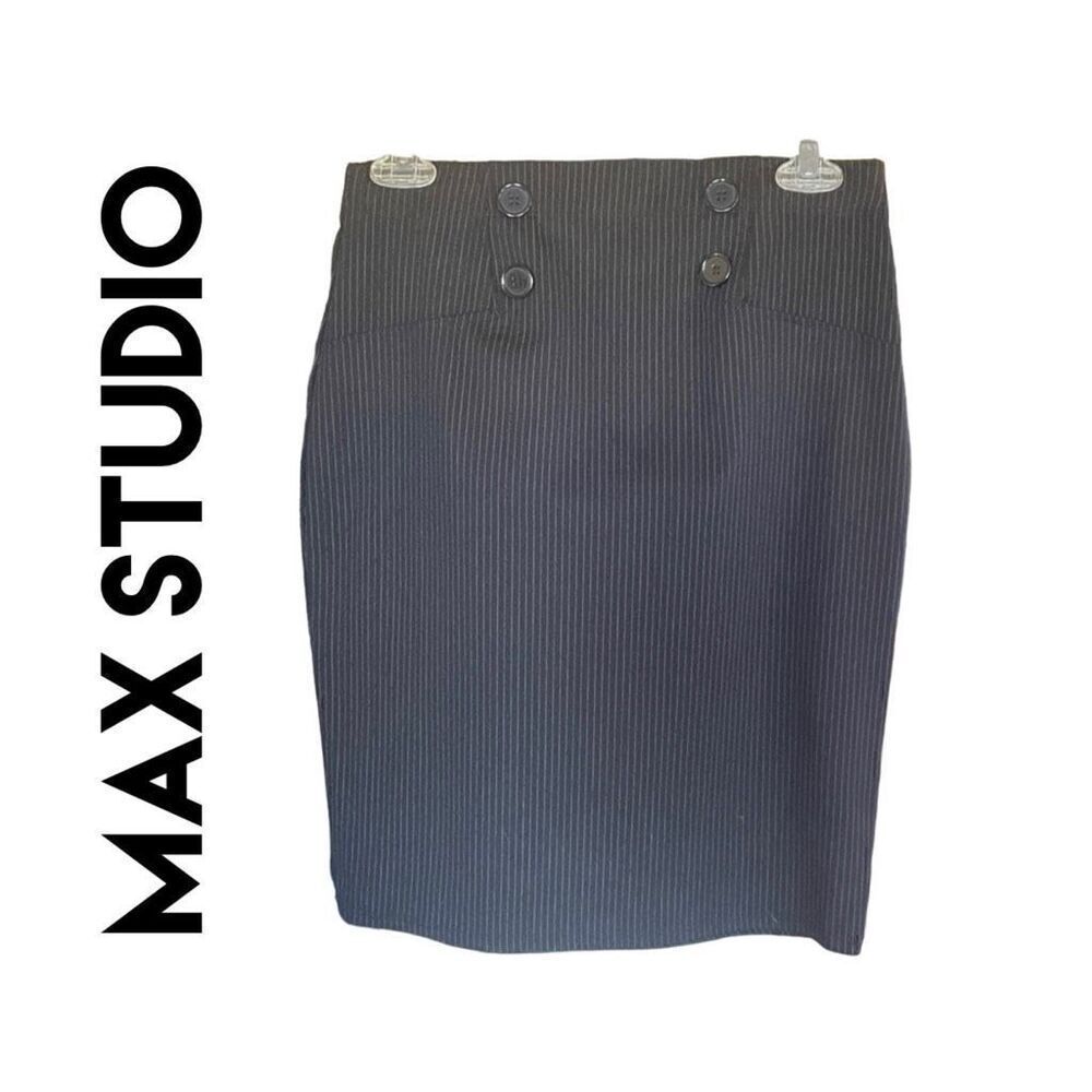 Max Studio Womens Midi Pencil Skirt Pinstripes Pull on Black XS